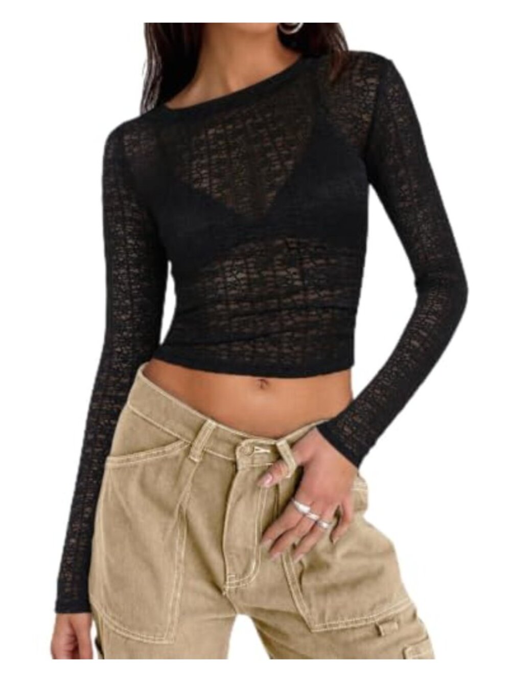 Lace Long Sleeve Crop Top Cut Out Back Mesh Slim Fit Y2K Going Out